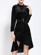 Shein Black Velvet Belted Asymmetric Dress