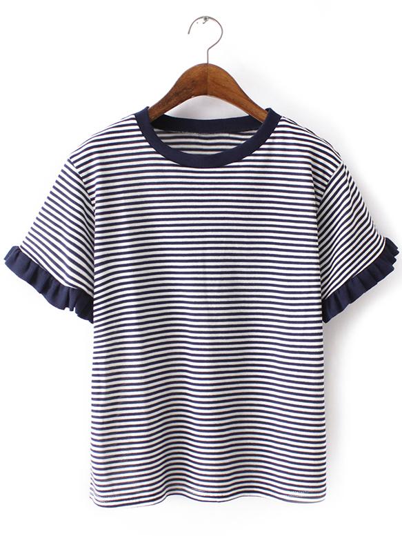 Shein Navy Ruffle Cuff Short Sleeve Stripe T-shirt