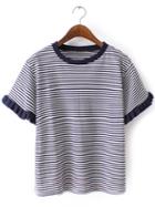 Shein Navy Ruffle Cuff Short Sleeve Stripe T-shirt
