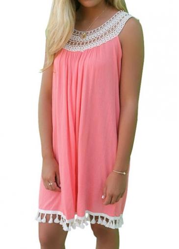 Rosewe Pink Round Neck Lace Splicing Shift Dress