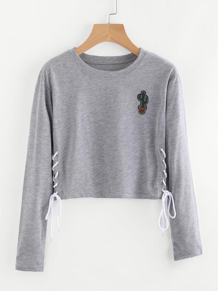 Shein Eyelet Lace Up Side Cactus Patch Tee