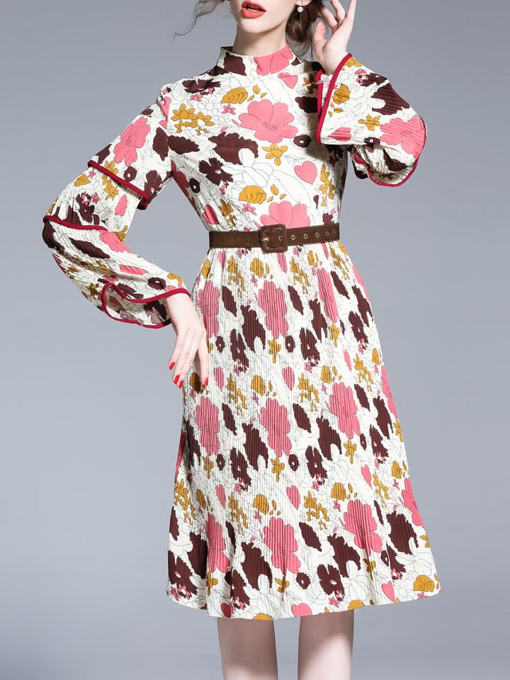 Shein Color Block Floral Pleated Belted Dress