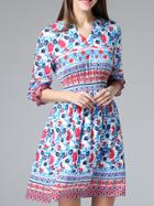 Shein Multicolor V Neck Elastic-waist Floral Dress