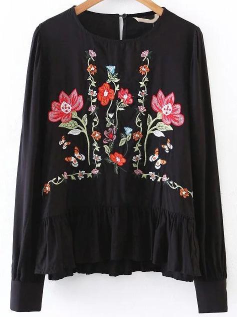 Shein Flower Embroidery Ruffle Hem Blouse