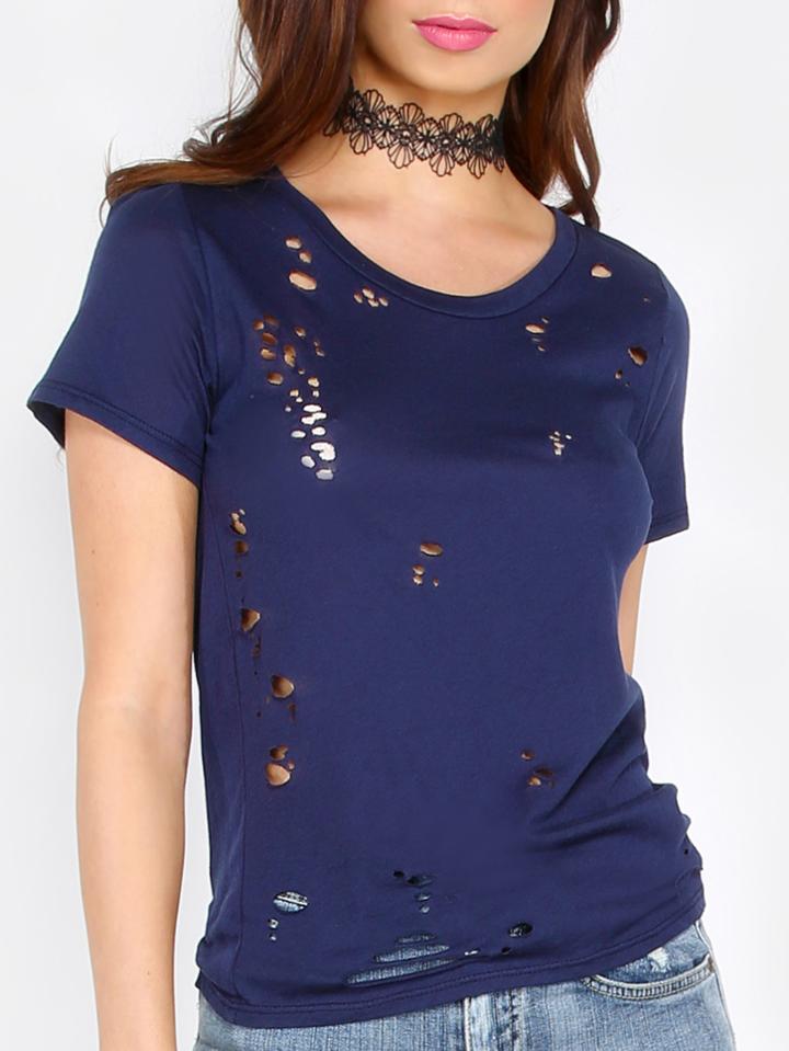 Shein Navy Cut Out Back Short Sleeve T-shirt