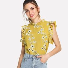 Shein Daisy Print Frilled Trim Shell Top
