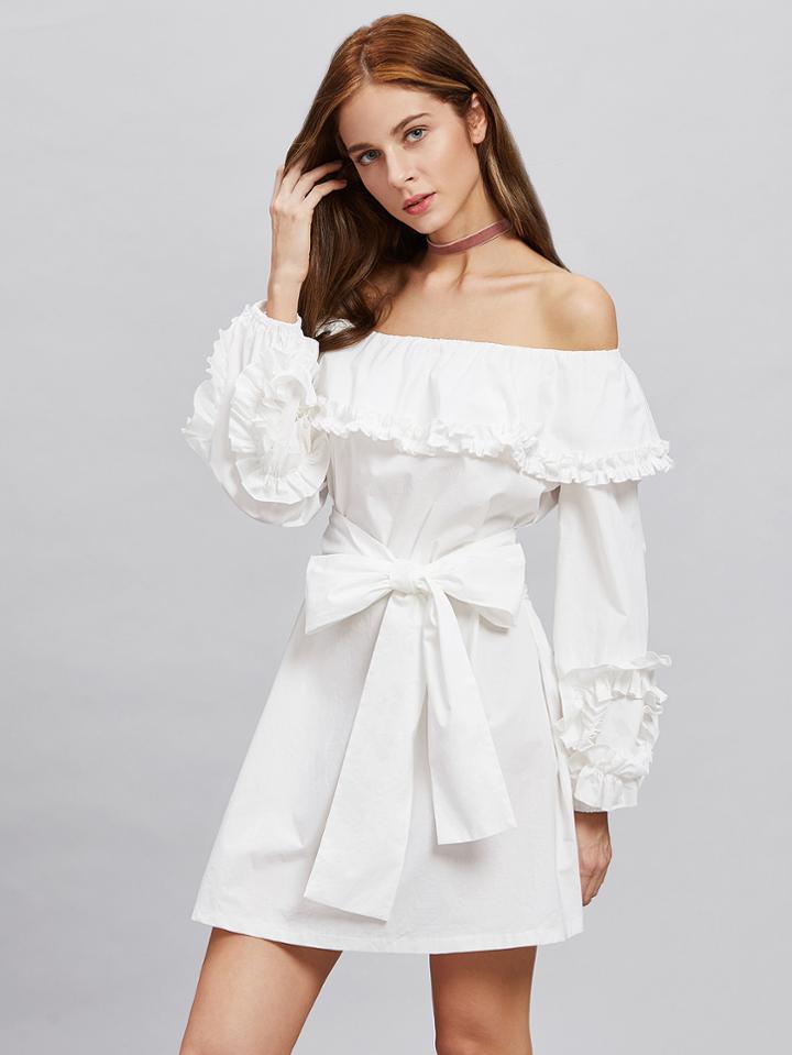 Shein Self Tie Shirred Frill Detail Bardot Dress