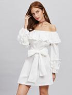 Shein Self Tie Shirred Frill Detail Bardot Dress