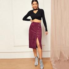 Shein Gold Button Split Corduroy Skirt