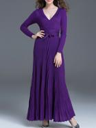 Shein Purple V Neck Tie-waist Pleated Maxi Dress