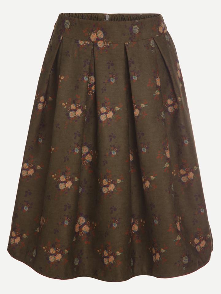 Shein Army Green Floral Print Pleated Skirt