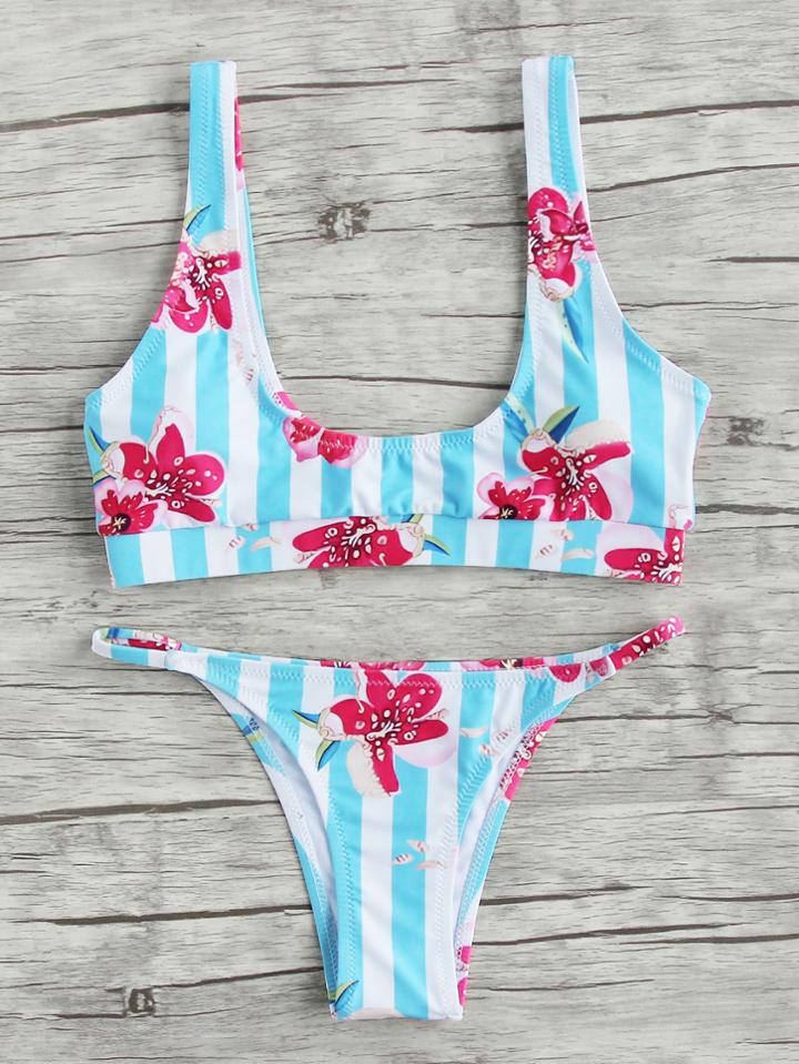 Shein Double Scoop Neck Flower Print Striped Bikini Set