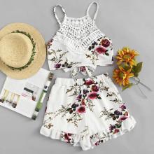 Shein Lace Panel Floral Print Cami Top With Shorts