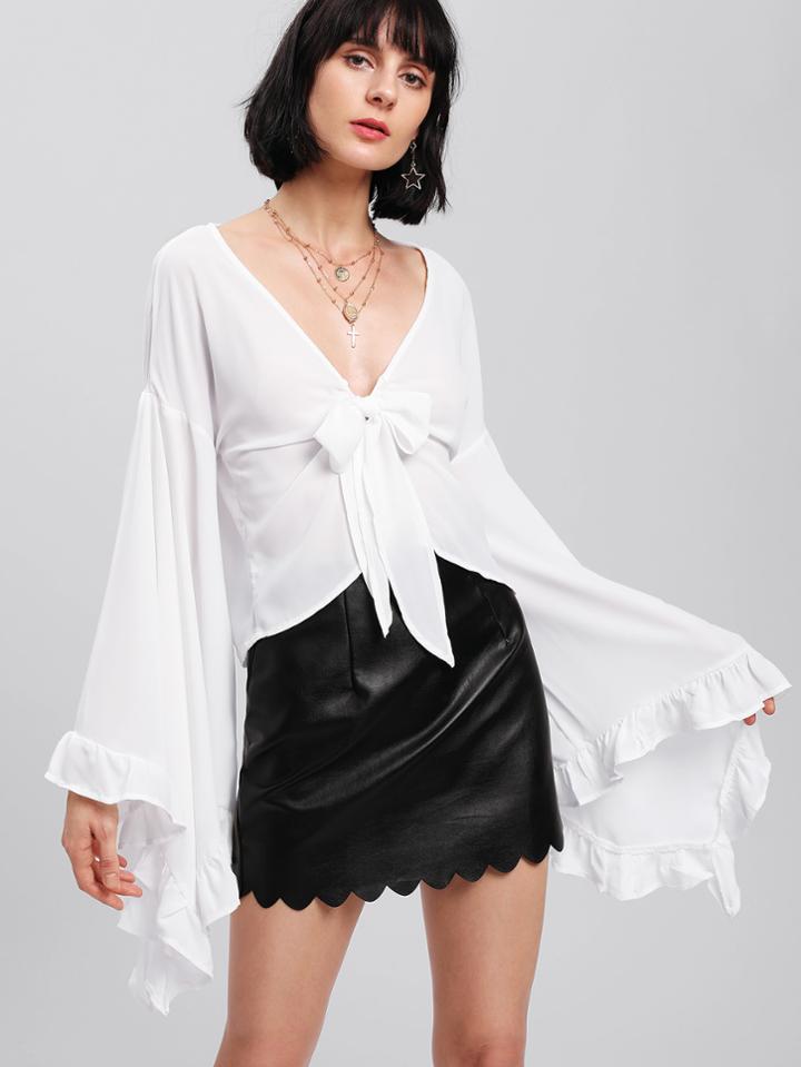 Shein Oversized Ruffle Sleeve Tie Front Blouse