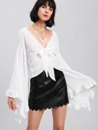 Shein Oversized Ruffle Sleeve Tie Front Blouse