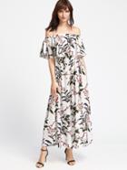 Shein Botanical Print Frill Bardot Neckline Dress