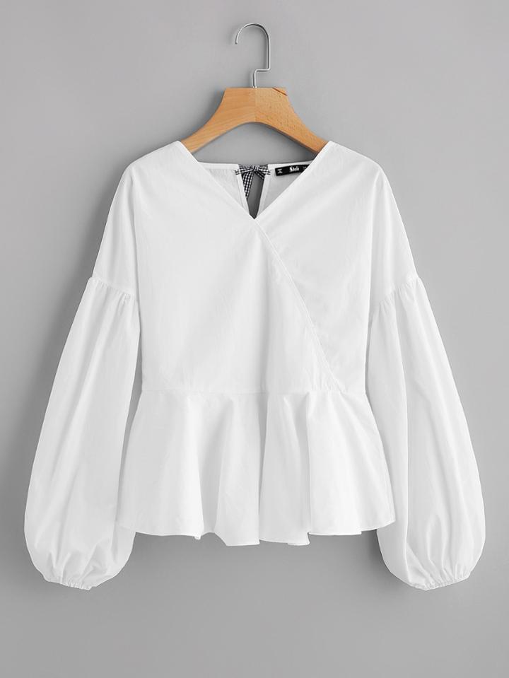 Shein Surplice Front Tie Back Lantern Sleeve Peplum Top