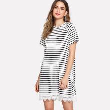 Shein Raglan Sleeve Stripe Lace Hem Dress