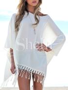 Shein Beige Boat Neck Batwing Sleeve Tassel Loose Dress