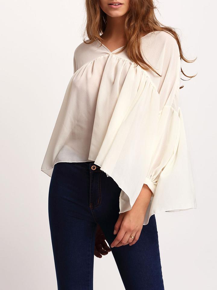 Shein Beige V Neck Chiffon Loose Blouse