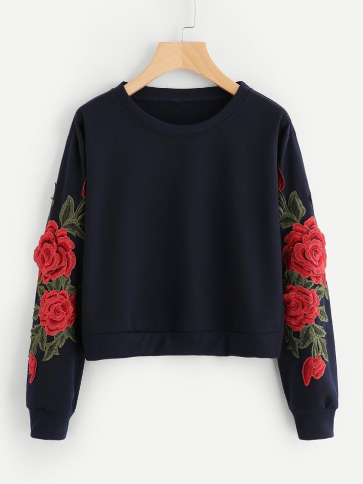Shein Rose Embroidered Applique Sleeve Sweatshirt