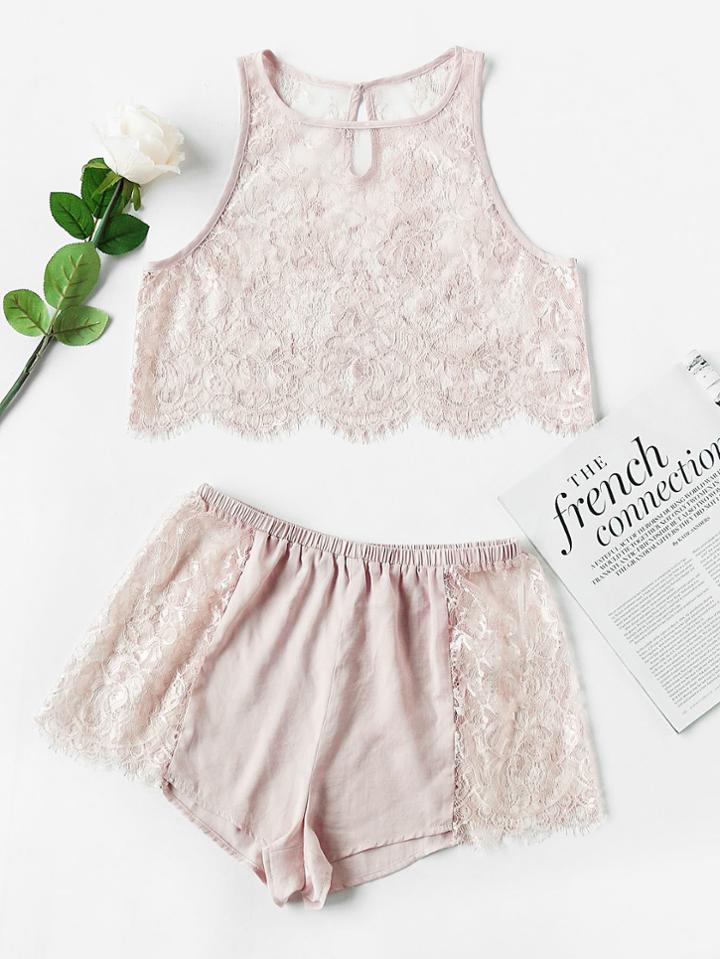 Shein Keyhole Scallop Hem Lace Crop Tank & Shorts Pajama Set