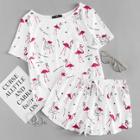 Shein Allover Flamingo Print Tee & Shorts Pj Set