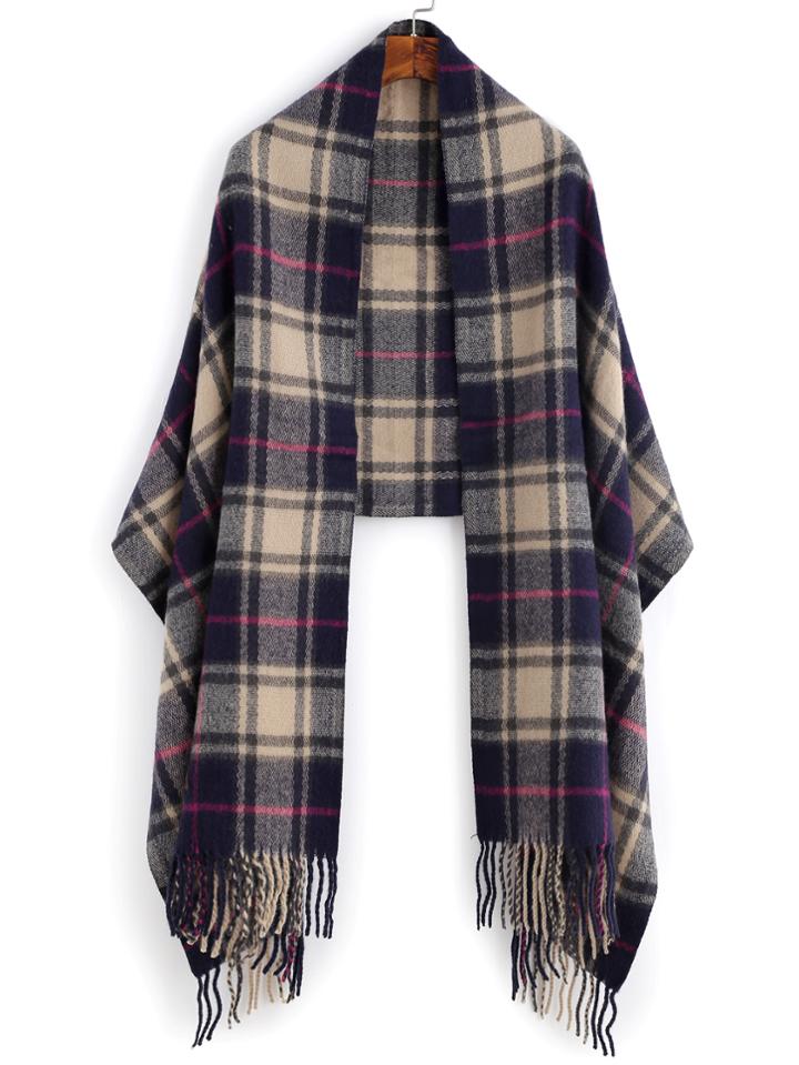Shein Royal Blue And Apricot Plaid Fringe Shawl Scarf