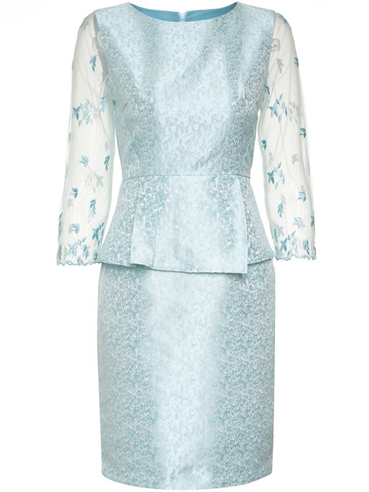 Shein Blue Contrast Gauze Embroidered Ruffle Jacquard Dress