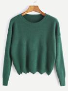 Shein Dark Green Drop Shoulder Seam Wave Hem Sweater