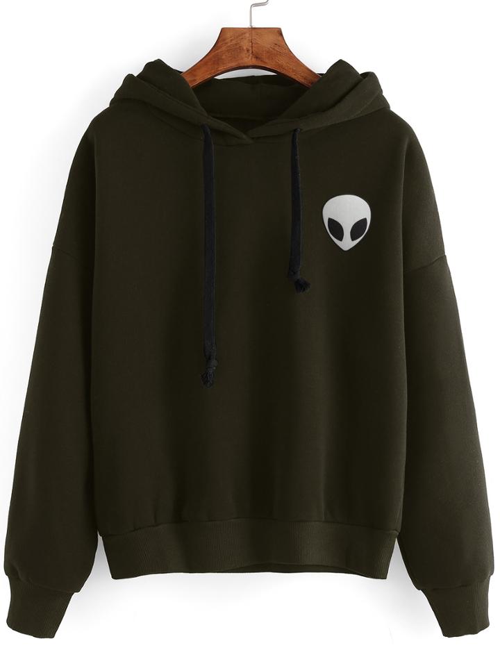Shein Alien Print Drop Shoulder Hooded Drawstring Sweatshirt