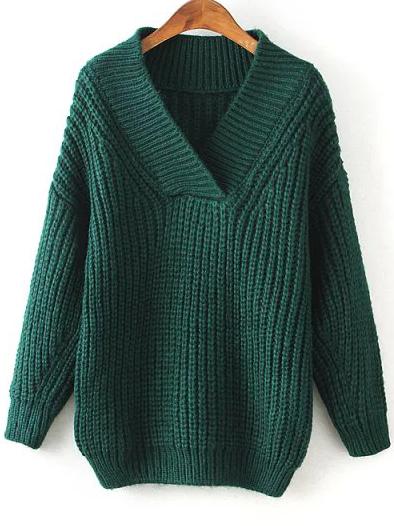 Shein Green V Neck Chunky Loose Sweater