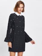 Shein Contrast Collar Ruffle Cuff Pearl Embellished Checked Dress