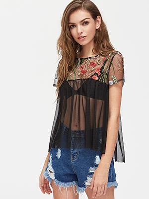 Shein Flower Embroidered Yoke Sheer Smock Top