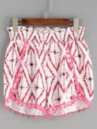 Shein White Geo Print Pom Pom Trim Wrap Shorts