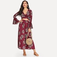 Shein Batwing Sleeve Wrap Crop Top With Wide Leg Pants