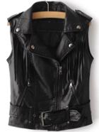 Shein Black Oblique Zipper Fringe Detail Pu Vest With Belt