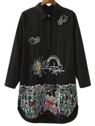 Shein Black Long Sleeve Cartoon Embroidery Blouse