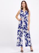 Shein Allover Florals Crisscross Tie Back Wide Leg Jumpsuit
