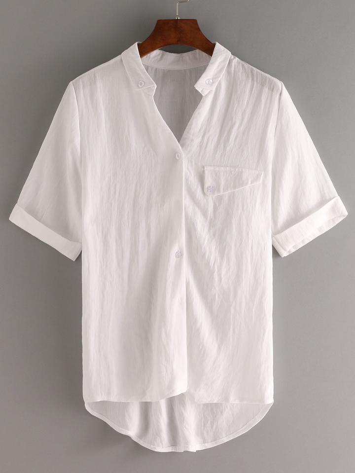 Shein V-neck Rolled Sleeve High-low Blouse - White