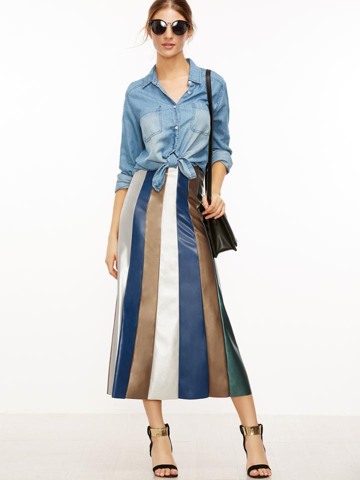 Shein Color Block Faux Leather Paneled Skirt
