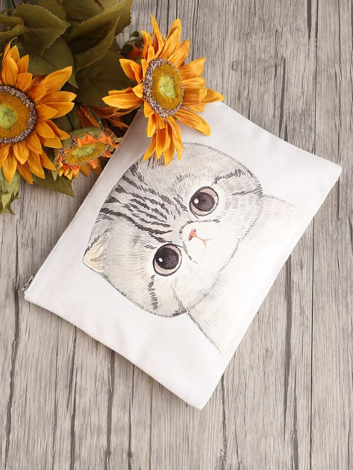 Shein Cat Print Clutch Bag With Zipper
