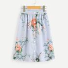 Shein Girls Striped And Floral Print Buttoned Skirt