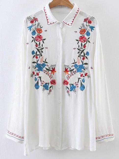 Shein White Embroidery Single Breasted Blouse