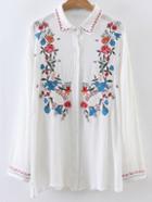 Shein White Embroidery Single Breasted Blouse