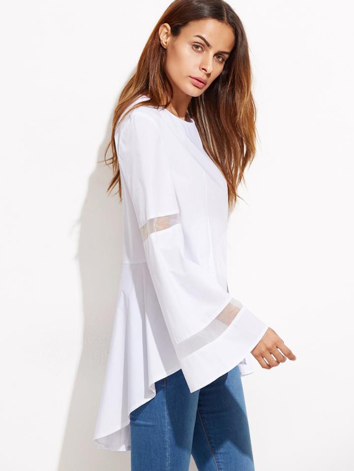 Shein White Bell Sleeve High Low Mesh Insert Top