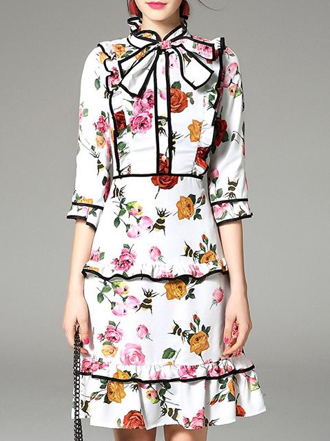 Shein White Tie Neck Floral Ruffle Dress