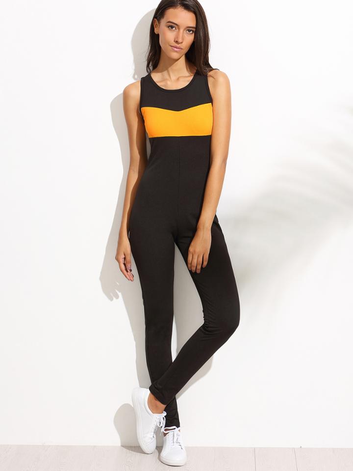 Shein Black Colorblock Cut Out Back Jumpsuit