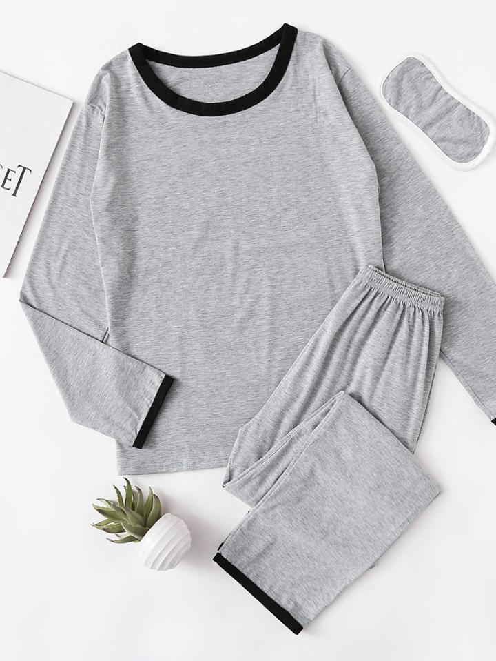 Shein Contrast Edge Pullover And Pants Pajama Set With Eyeshade