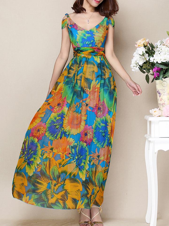 Shein Multicolor Off The Shoulder V Neck Backless Print Maxi Dress